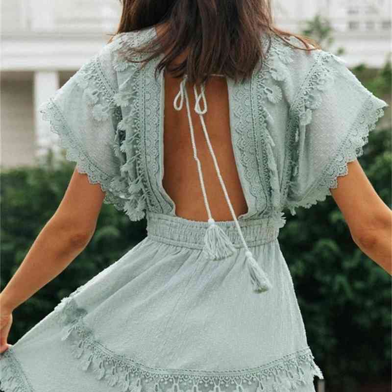 Bikini Cover-ups Sexy Hollow Out Babydoll Summer Beach Dress Blue Tunic Women Wear Swim Suit Cover Up A775 210420