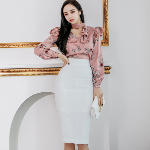 Women Spring Sexy OL Work Wear 2 Pieces Set Ruffles Flowers Long Sleeve Blouses & High Waist White Bodycon Pencil Skirt Sui 210519
