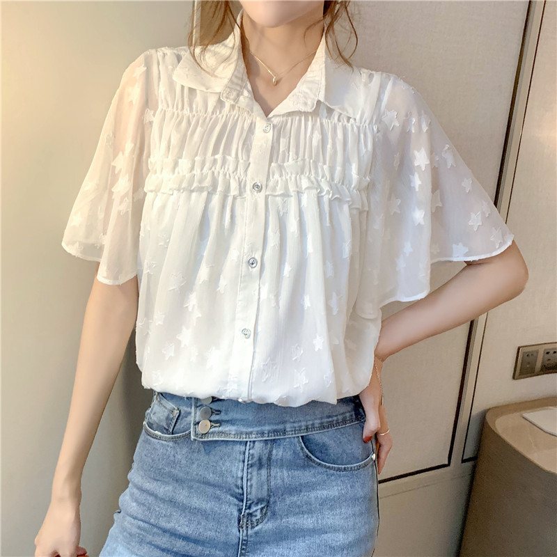 Korean Style Summer Blouse Women Flare Short Sleeve Casual Chiffon Shirts White Cardigan Ladies Tops Clothes 9057 50 210508