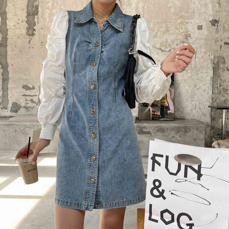Dresses Casual Vintage Puff Long Sleeve Turn Down Collar Denim Dress Women Single-breasted Patchwork Vestidos Mujer Knee Street 210429