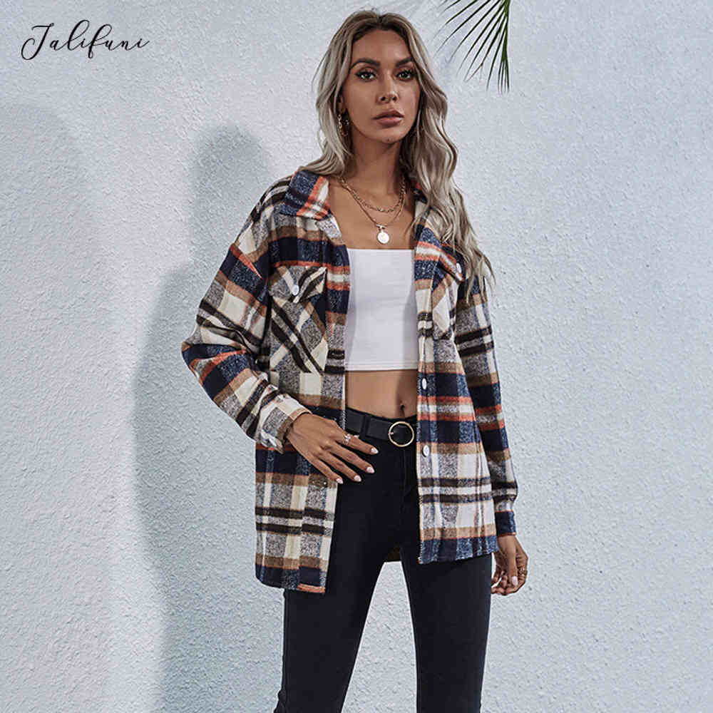 Autumn Winter Shirt Women Fashion New Loose Casual Ladies Plaid Checked Button Up Turn-down Collared Tops And Bloues Jacket 210415