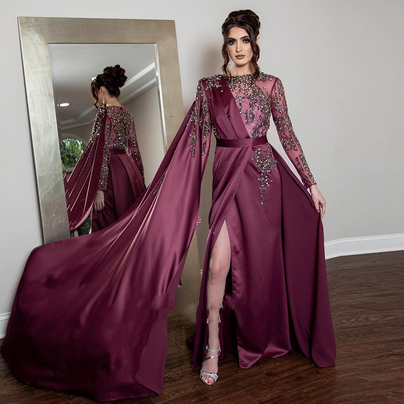Grape Arabic Evening Dresses with Cape Long Sleeve Luxury Dubai Beaded Crystal lace Muslim kaftan middle east prom dress wear