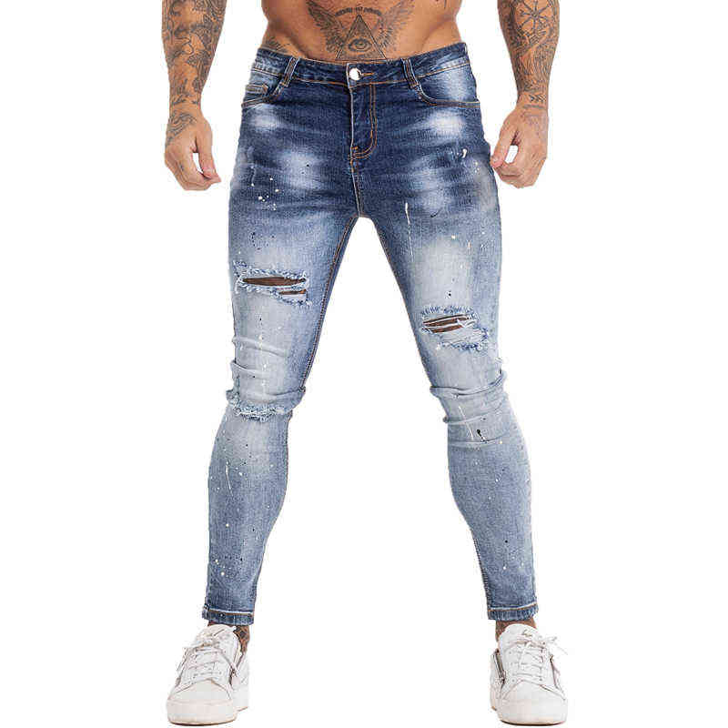 GINGTTO Jeans Men Elastic Waist Skinny Jeans Men Stretch Ripped Pants Streetwear Mens Denim Jeans Blue 211120