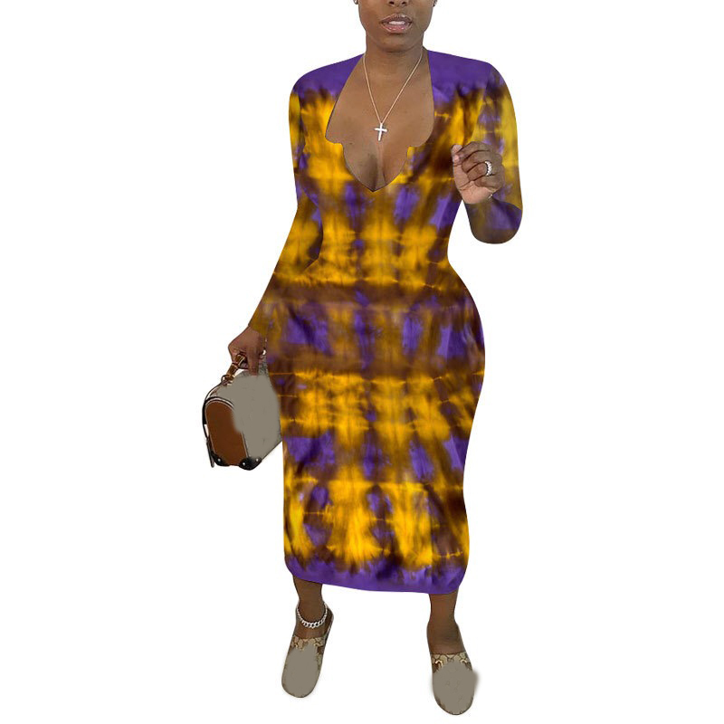 Women Sexy Long Dress Sleeve Deep v Neck Mid Calf Print High Waist Bodycon Elegant For Evening Party Night Club Wear 210510