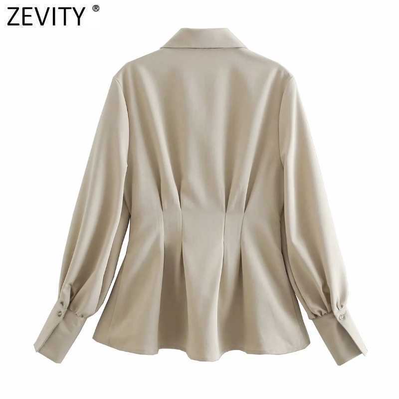 Zevity Women Safari Style Lantern Sleeve Breasted Smock Blouse Office Lady Buckle Sashes Pleat Shirt Chic Blusas Tops LS7406 210603