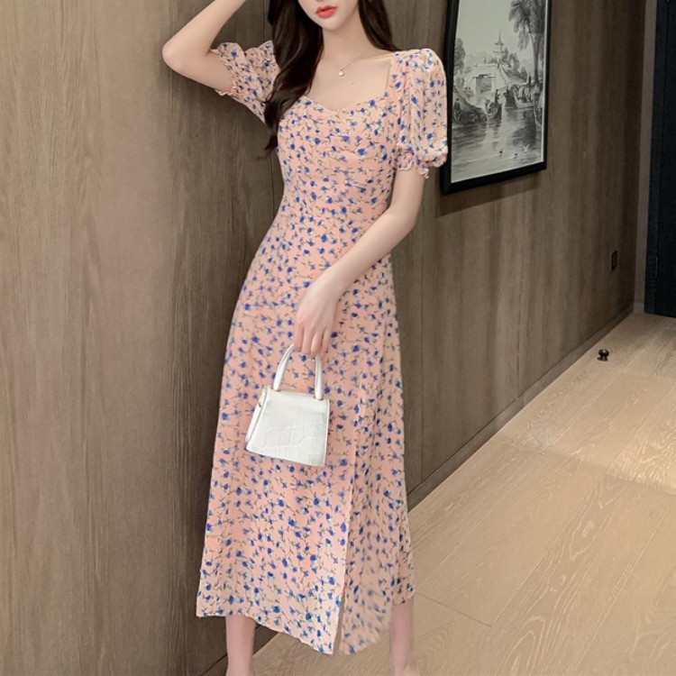 Korean Summer Elegant Women Square Collar Puff Sleeve Floral Chiffon Dress Vestidos Retro High Waist Slim Sexy Split 210519