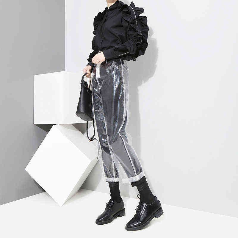 [EAM] auutmn Fashion Pattern Korean Style Transparent Color Pants Woman Ankle-length YA84900 211115