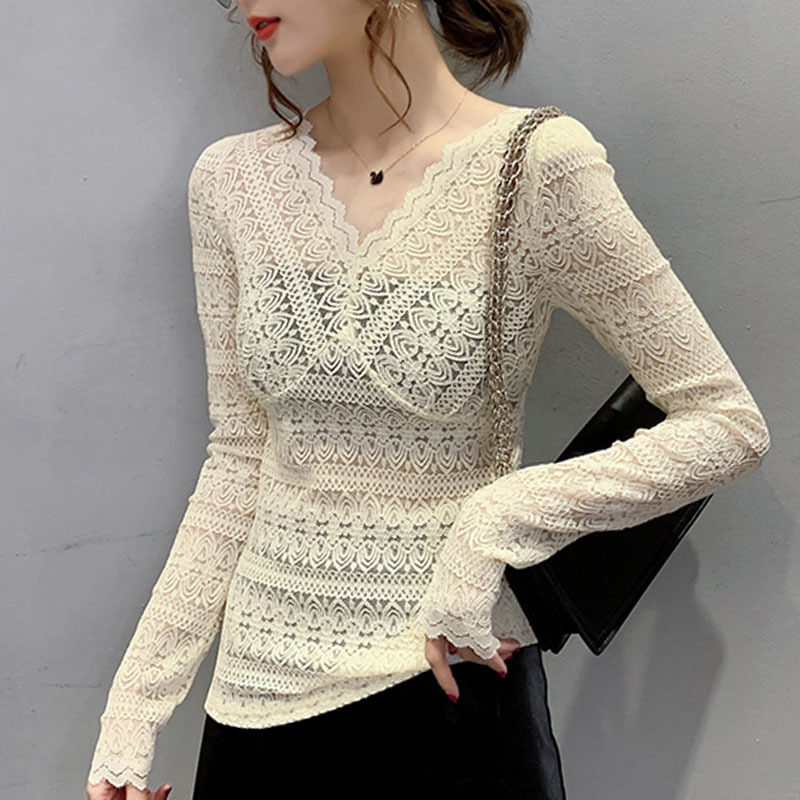 Fashion Spring See Through Top Women Sexy Shirt Lace Hollow Out Solid V-Neck Balck Long Sleeve Tops 7908 50 210415