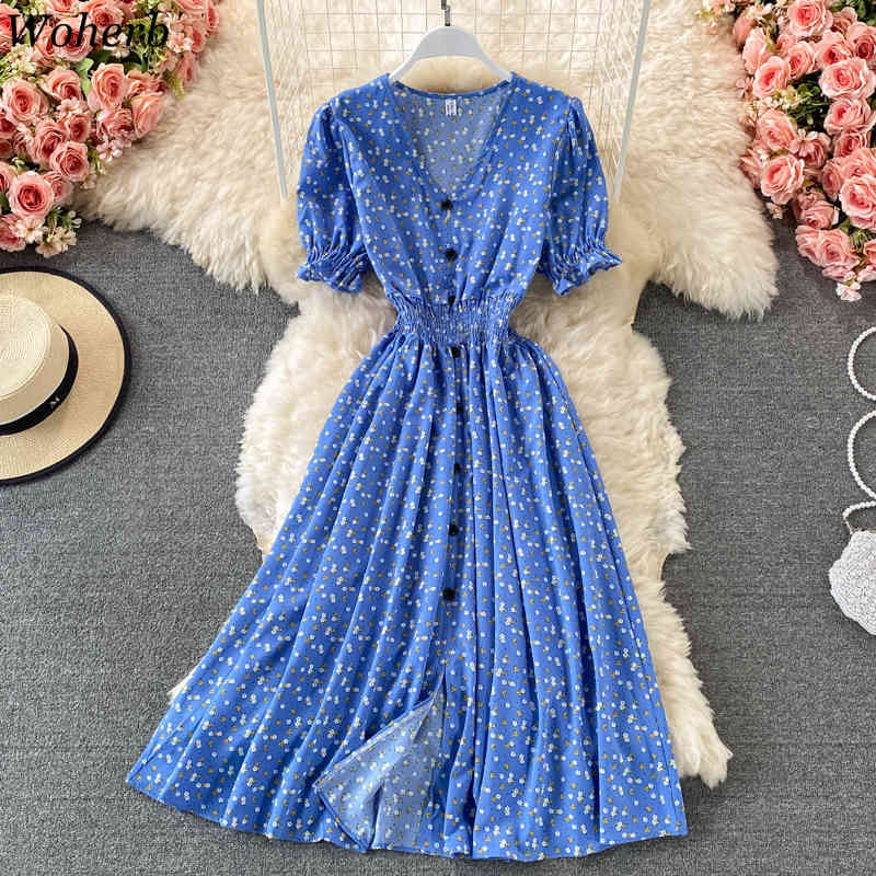 Summer Floral Printed Midi Dress Women Vintage Slim-wasit V-Neck Short Sleeve High Waist Vestido Female Elegant Robe 210519