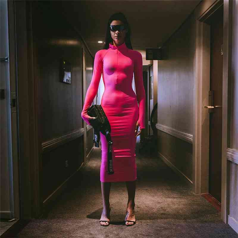 Sexy Neon Green Midi Dresses Women Half Open Zip Collar Solid Wrap Hip Bodycon Turtleneck Long Sleeve Slim Black 210522