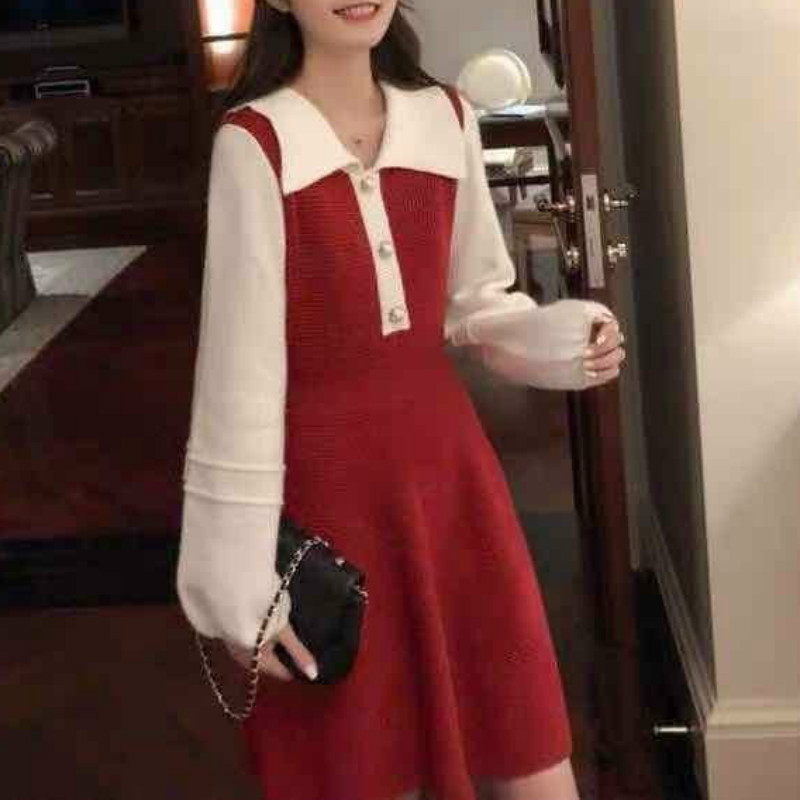 Knitted Dress Women Sweet Button Long Sleeve Elegant Mini Sweater Dress Office Lady Vintage Dress Korean Winter 210521