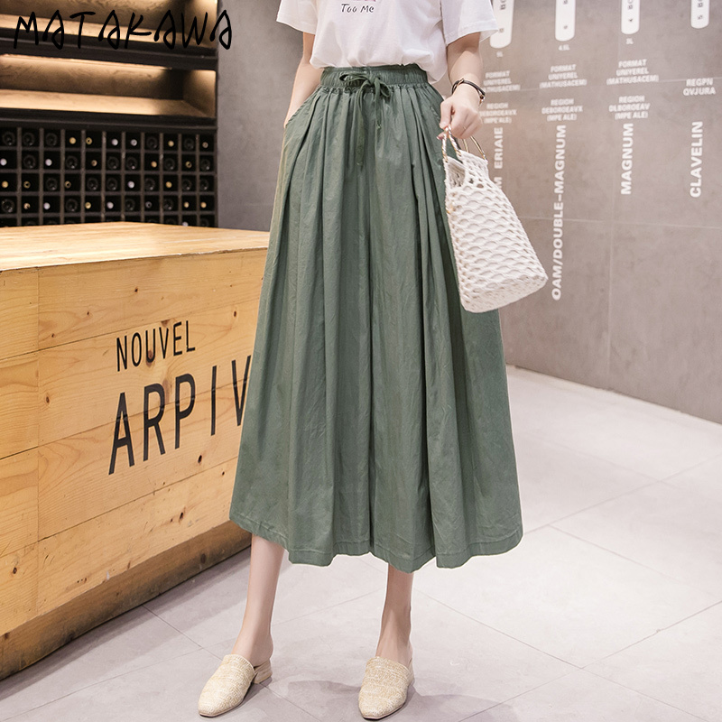 MATAKAWA Elastic Waist Loose Nine-point Wide-leg Pants Women's Culottes Summer Mid-length High-waist Lace-up Fashion Pantskirt 210513