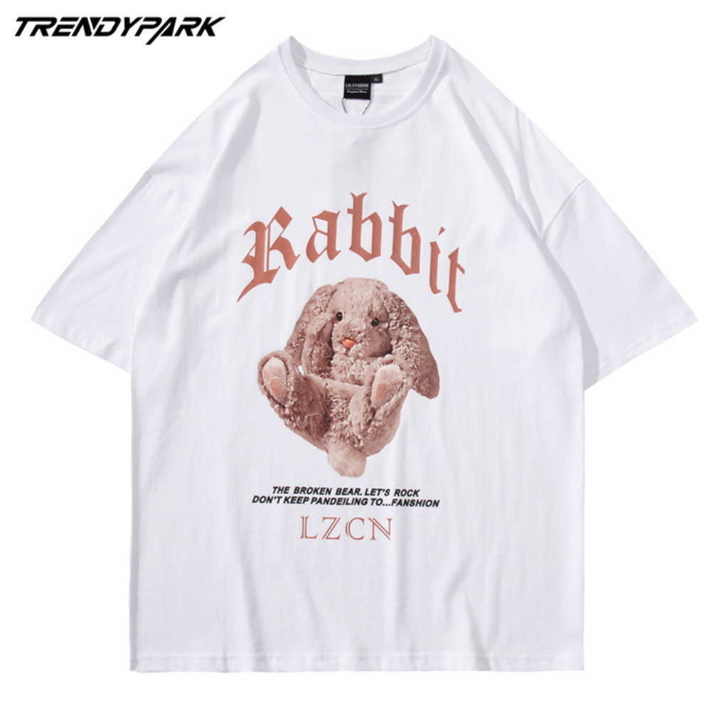 Men Streetwear Oversize Tshirt Hip Hop Harajuku Rabbit Doll Printed Vintage T-Shirt Summer Short Sleeve Tops Tees T Shirt 210601
