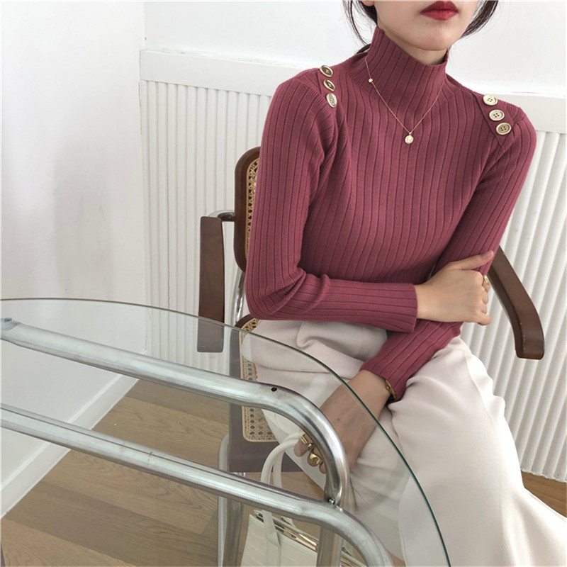 Spring Autumn OL Basic Pullover Tops Soft Warm Bottoming Sweater Women Elegant Solid Turtleneck Knitted Sweaters 210421