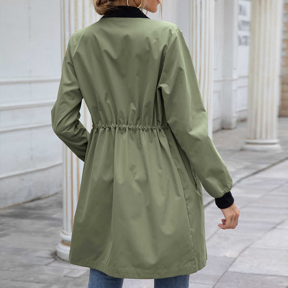 Women Raincoat Outdoor Streetwear Slant Pocket Drawstring Waterproof Mid-length Trench Autumn Long Sleeve Stand Collar Cardigan 210820