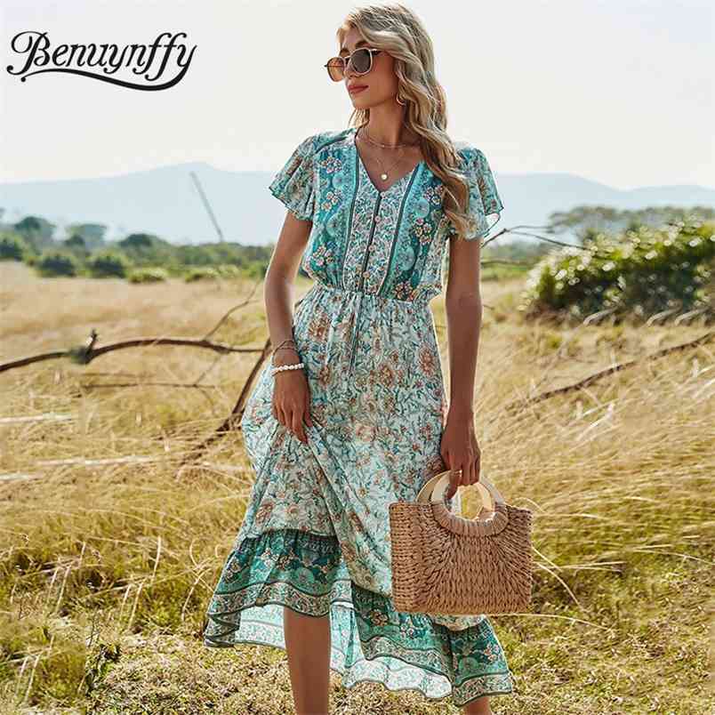 V-neck Button Front Drawstring Waist Floral Print Dresses Women Summer Vacation Boho Casual Swing Long Dress 210510
