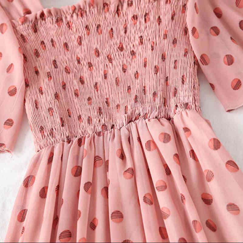 Summer Polka Dot Print Chiffon Dress Sweet Short Sleeve Ruffle Midi Dress Women Bohemia Elegant Pink Party Vestidos 210521