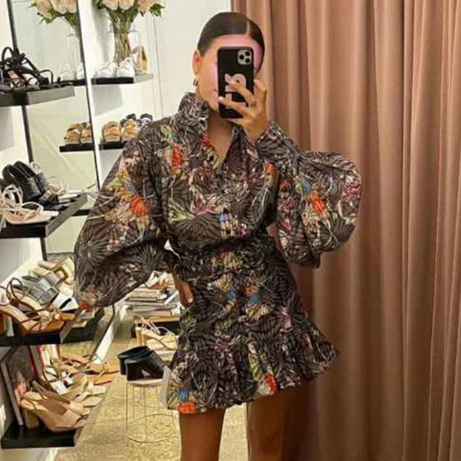 Free Women Ruffle Printed Mini Dress Stand Collar Lantern Sleeve Single Breasted High Waist Belt Bodycon 210524