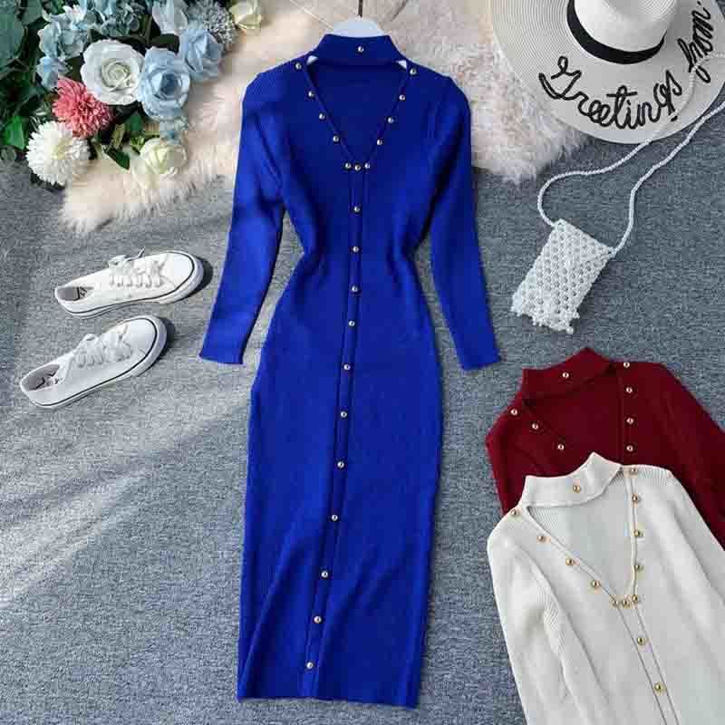 Autumn Winter Long Sweater Dress Women Long Sleeve Halter V-neck Sexy Knitted Dress Elastic Slim Bodycon Dress Robe Femme 210521