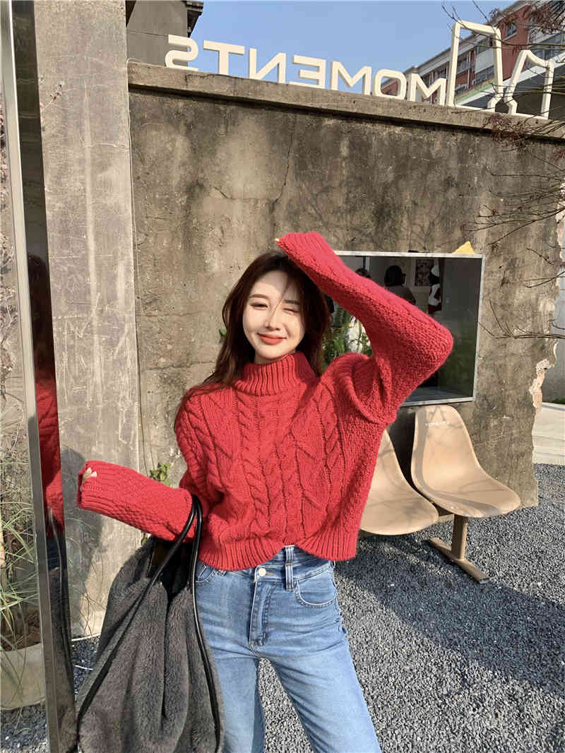womens knitted Sweater Autumn and winter loose korean style female Soild Color red Sweaters and pullovers womens (R99516) 210423