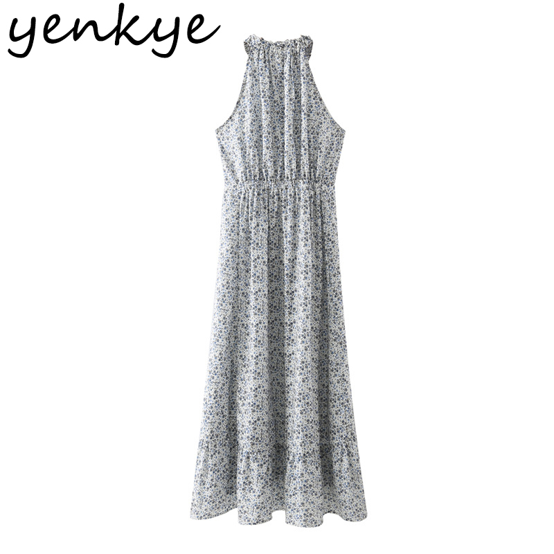 Vintage Floral Print Halter Dress Women Sleeveless Elastic Waist Casual Summer Long Maxi Female Holiday Vestido 210430