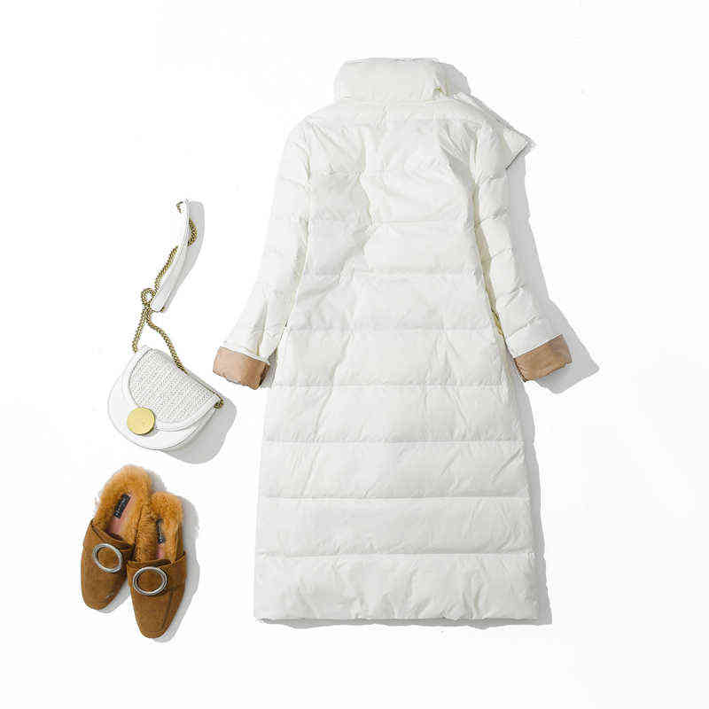 Luzuzi Women Double Sided Down Long Jacket Winter Turtleneck White Duck Down Coat Double Breasted Warm Parkas Female Outerwear 211102