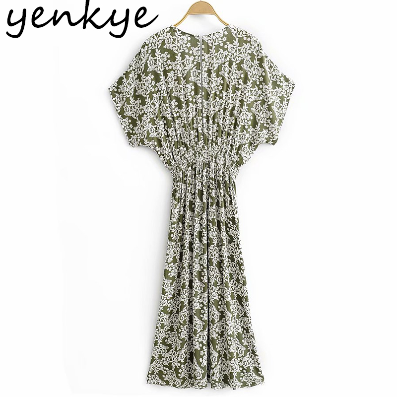 YENKYE Vintage Floral Print Holiday Summer Boho Dress Women Deep V Neck Batwing Sleeve Sexy Slits A-line Long Maxi Dress Robe 210515