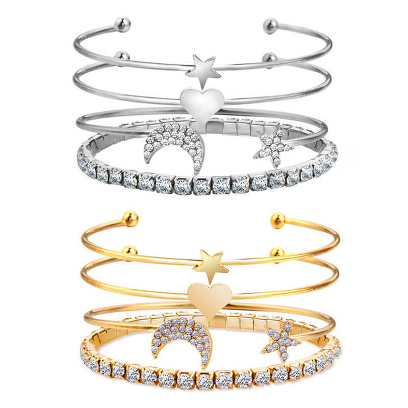 4pcs/set Crystal Star Moon Bangle Set Multilayer Love Heart Charm Gold Color Open Cuff Bangles Adjustable Jewelry for Women Q0719
4pcs/set Crystal Star Moon Bangle Set Multilayer Love Heart Charm Gold Color Open Cuff Bangles Adjustable Jewelry for Women Q0719