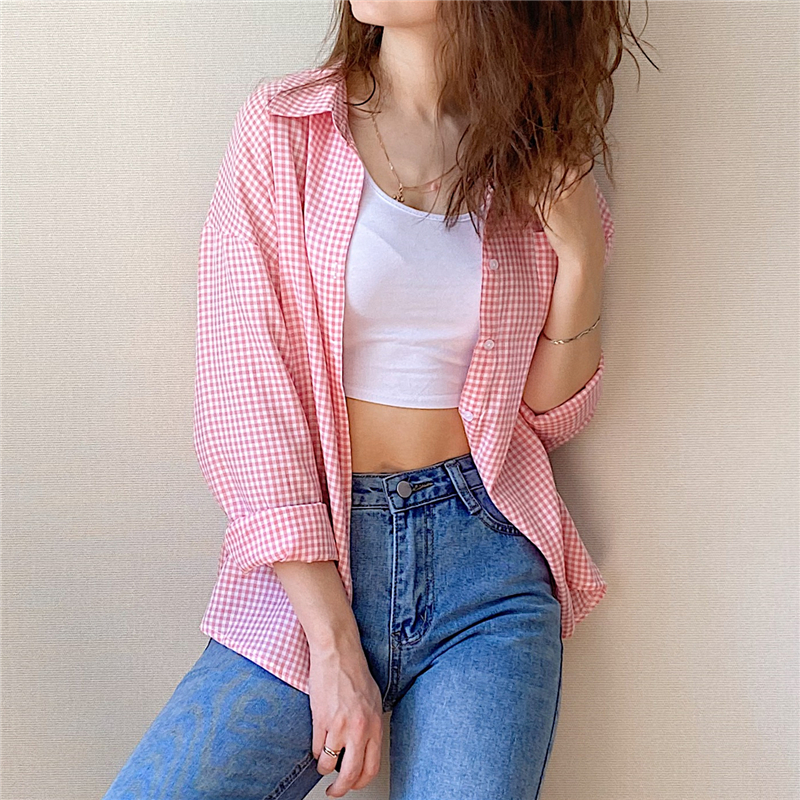 OL Elegant Pink Plaid Shirt Women Summer Blouses Loose Lapel Single-breasted Office Lady Long Sleeve Tops Blusas 210421