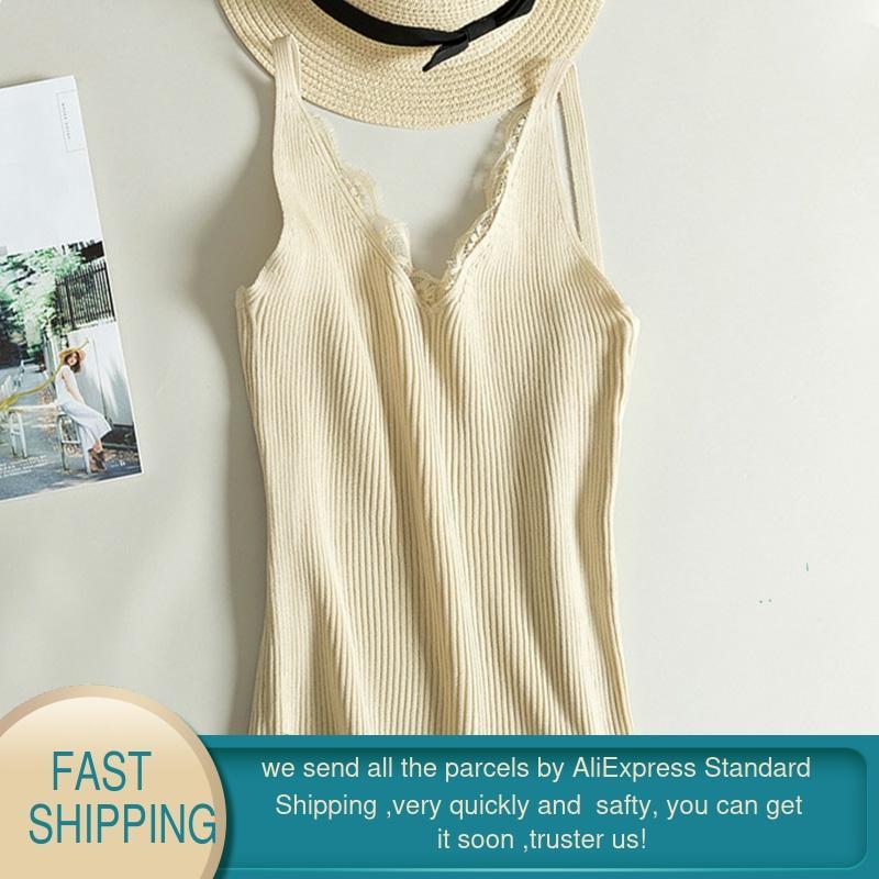 Sexy Women Lace Camisole Splicing Double V-neck Vest Plain Slim Sling Camis White Crop Top Woman Plus Size Korean Tanks 210428