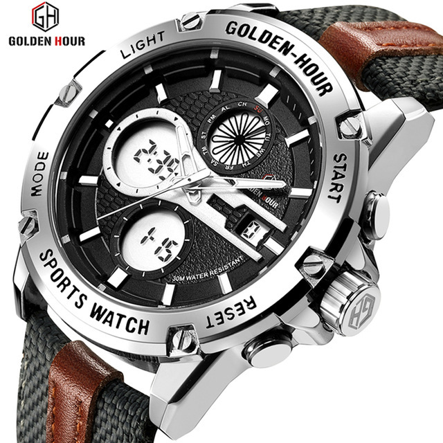 

GOLDENHOUR Men Fashion Army Military Watch Mens Dual Display Waterproof Quartz Wristwatches Luminous Hands Sport Clock Relogio 210517, Silver black
