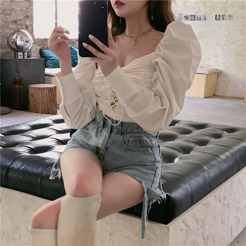 Nomikuma Sexy Slim Short Blouse Women Puff Long Sleeve V-neck Shirt Lace Up Korean Spring Blusas Mujer De Moda 6G020 210427