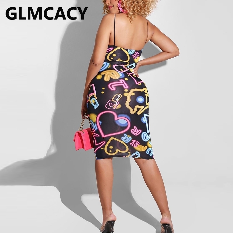 Spaghetti Strap Funny Printed Slim Midi Dress 210702