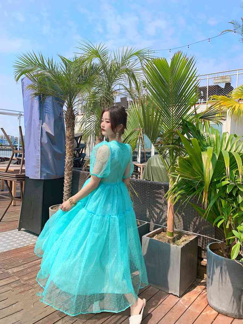 Summer Dress Vintage Women Sweet O-Neck Puff Sleeve Pleated Big Swing Dress Women Fairy Party Dresses 210518