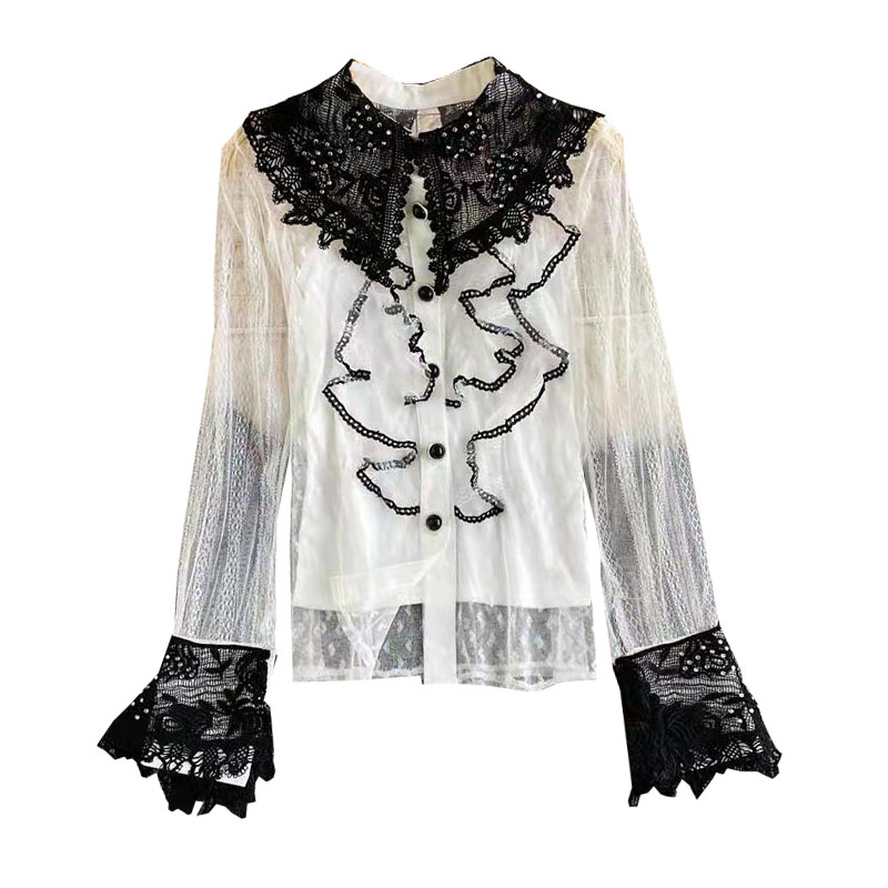 Vintage Patchwork Lace Shirt For Women Lapel Long Sleeve Casual Hit Color Slim Blouse Female Fashion Clothing 210524