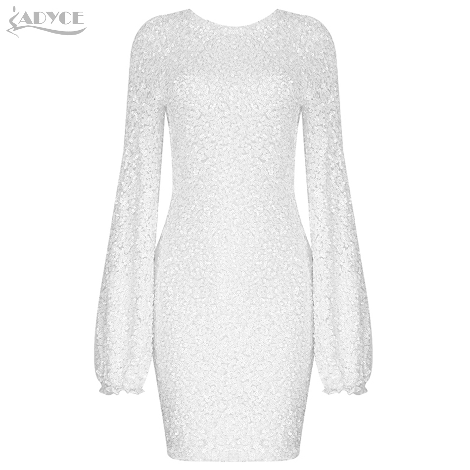 Summer Women White Sequins Mini Dress Sexy Mesh Long Sleeve O Neck Celebrity Evening Runway Club Party Lady 210423