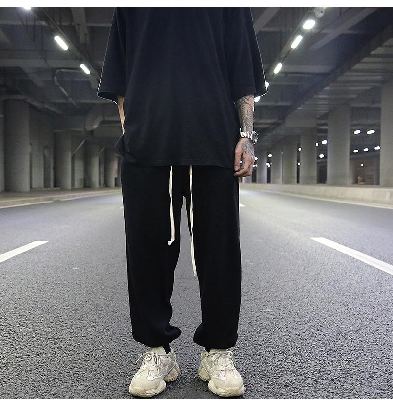 Dark High Street Style Loose Ribbed Trousers, Tide Brand Black All-match Terry Drape Slacks For Men Men's Pants