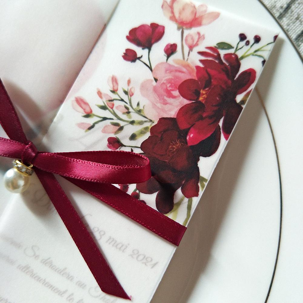 New Burgundy Personalized Print Translucent Wedding Invitation with Rhinestone Ribbon and Pearl Envelope DIY Vellum Wrap Quinceanera