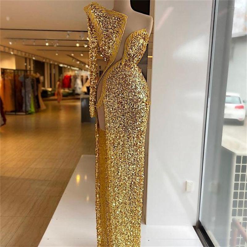 2021 Luxurious Gold Sequined Prom Dresses High Split One Shoulder Evening Formal Party Second Reception Gowns