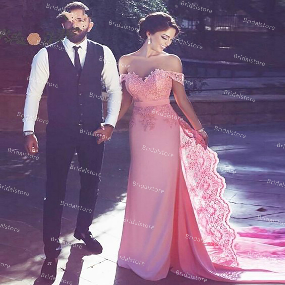 Elegant Pink Mermaid Evening Dress With Lace Train Off Shoulders Satin Arabic Prom Dresses 2021 Femme Abendkleider Vestidos Fiesta Robe De Soirée Mari