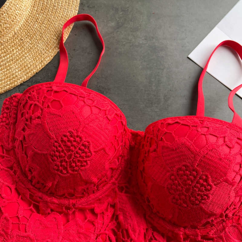 Arrival Floral Lace Crop Top Solid Women Summer Camisole Elegant Streetwear Adjustable Strap Padded Corset Bra Camis Tops 210603