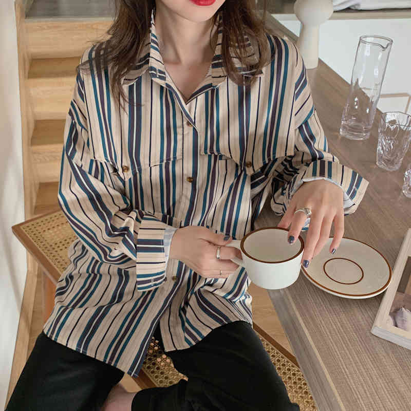 QOERLIN Striped Long Sleeve Turn Down Collar Elegant Plus Size Women Blouse Streetwear Oversize Shirts Big Size Blusa Feminine 210412