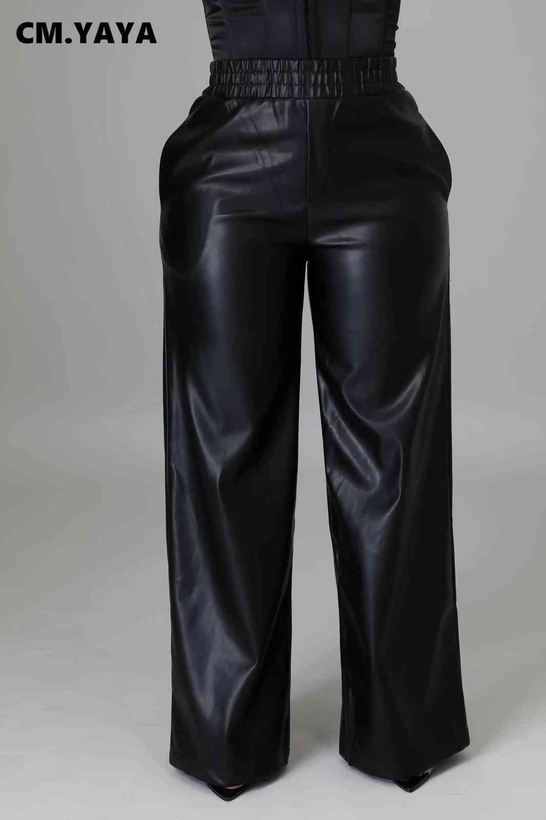 CM.YAYA Women Faux Leather Straight High Waist PU Pants INS Elegant Autumn Winter Solid Wide Leg Black Trousers 211115
