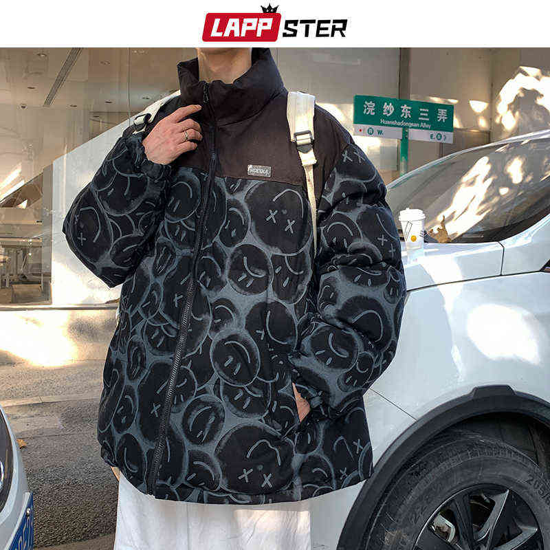 LAPPSTER Men Japanese Streetwear Puffer Jackets Winter Mens Full Print Fashions Bubble Coat Couple Patchwork Thick Parkas 211214Z
