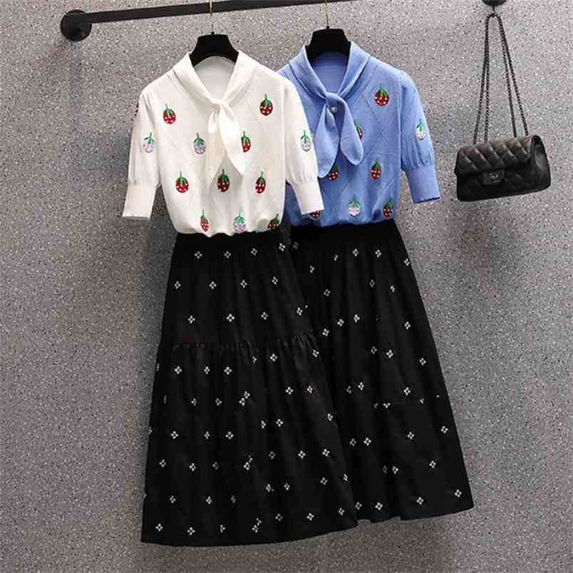 Womens Suit Elegant Knitted Strawberry Embroidery Top And High Waist Midi Skirt Two Piece Set Office Lady Plus Size Summer 210519, Photo color
Womens Suit Elegant Knitted Strawberry Embroidery Top And High Waist Midi Skirt Two Piece Set Office Lady Plus Size Summer 210519, Photo color