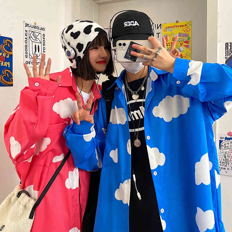 Neploe Summer Men Women Long Sleeve Shirt Japanese Harajuku Cloud Print Oversized Tops Streetwear Woman Blouses Clothes 210422