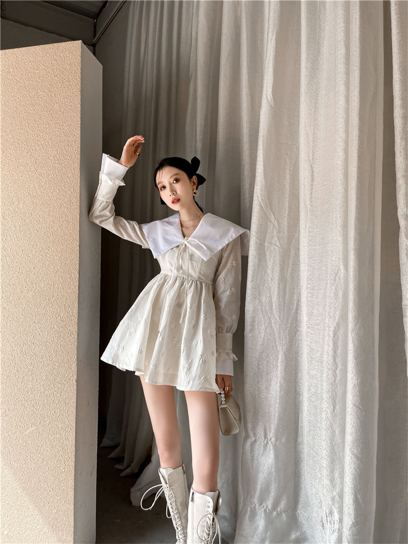 Sailor Collar Jacquard Long Sleeve Mini Dress Women Tie Neck Tunic A Line Fashion Korean Outfit Spring 210427