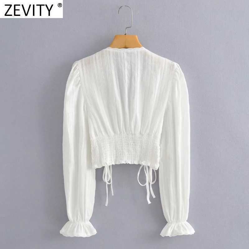 Zevity French Women V Neck Solid Short Smock Blouse Femme Lantern Sleeve Ruffles Casual Shirt Chic Slim Blusas Crop Tops LS9328 210603