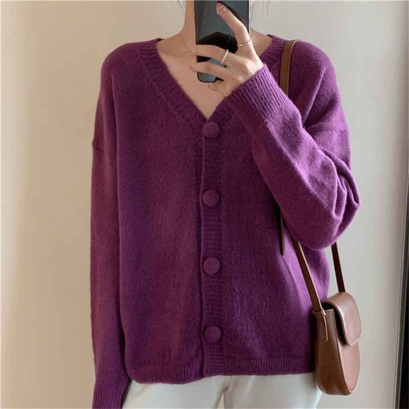 Selling Casual Solid Students Cardigans Fashion All-Match Knitted Office Lady Feminine Chic Loose V-Neck Sweaters 210421