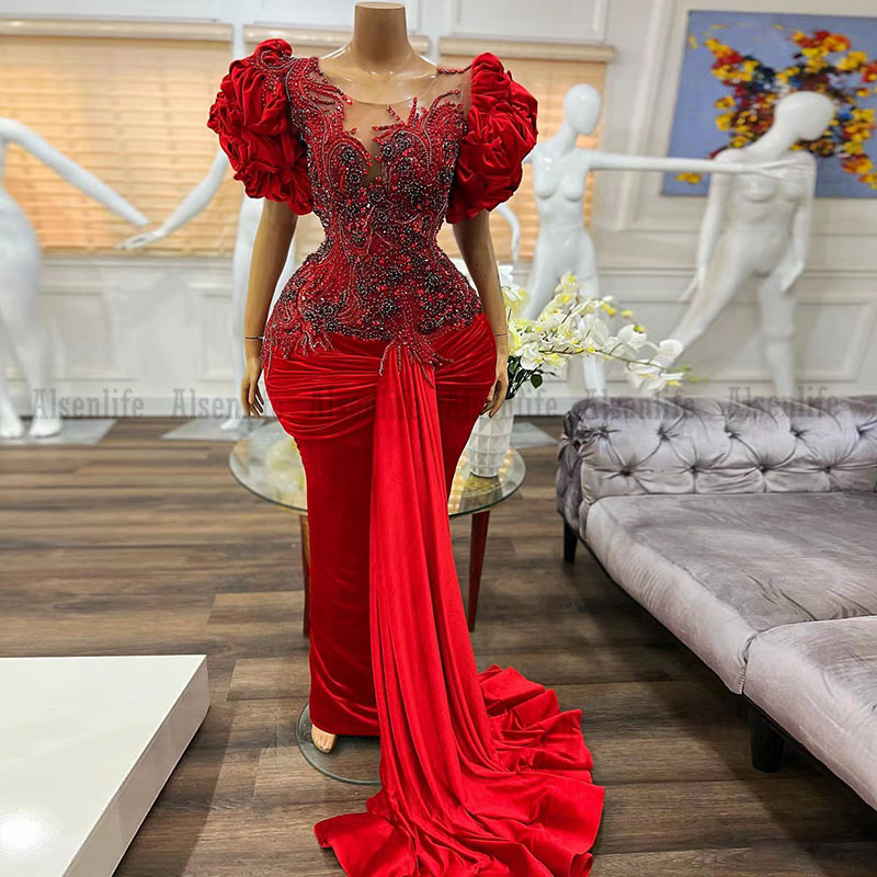 Aso Ebi Mermaid Evening Dress Scoop Puffy Sleeves African Prom Dress Formal Robes De Soirée Custom Made